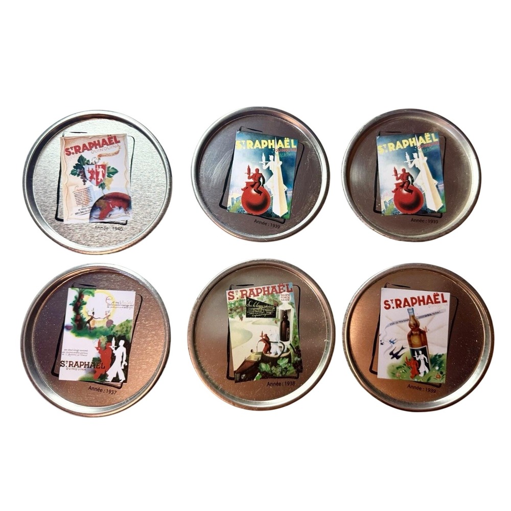 Vintage Coasters -Set of 6 Round Metal  St Raphaël‎ coasters.